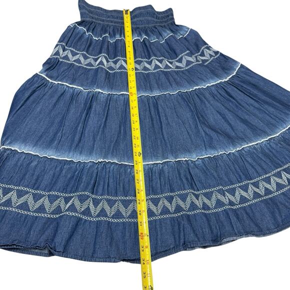 Indigo And Lace Peasant Tiered Skirt Denimlike Chambray XL Bohemian Boho - Picture 7 of 7